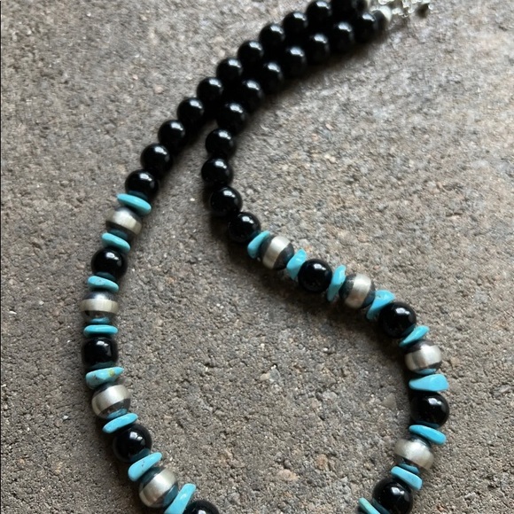 Sterling Silver Black Onyx Turquoise Bead Necklace. 18 Inch - Picture 9 of 12